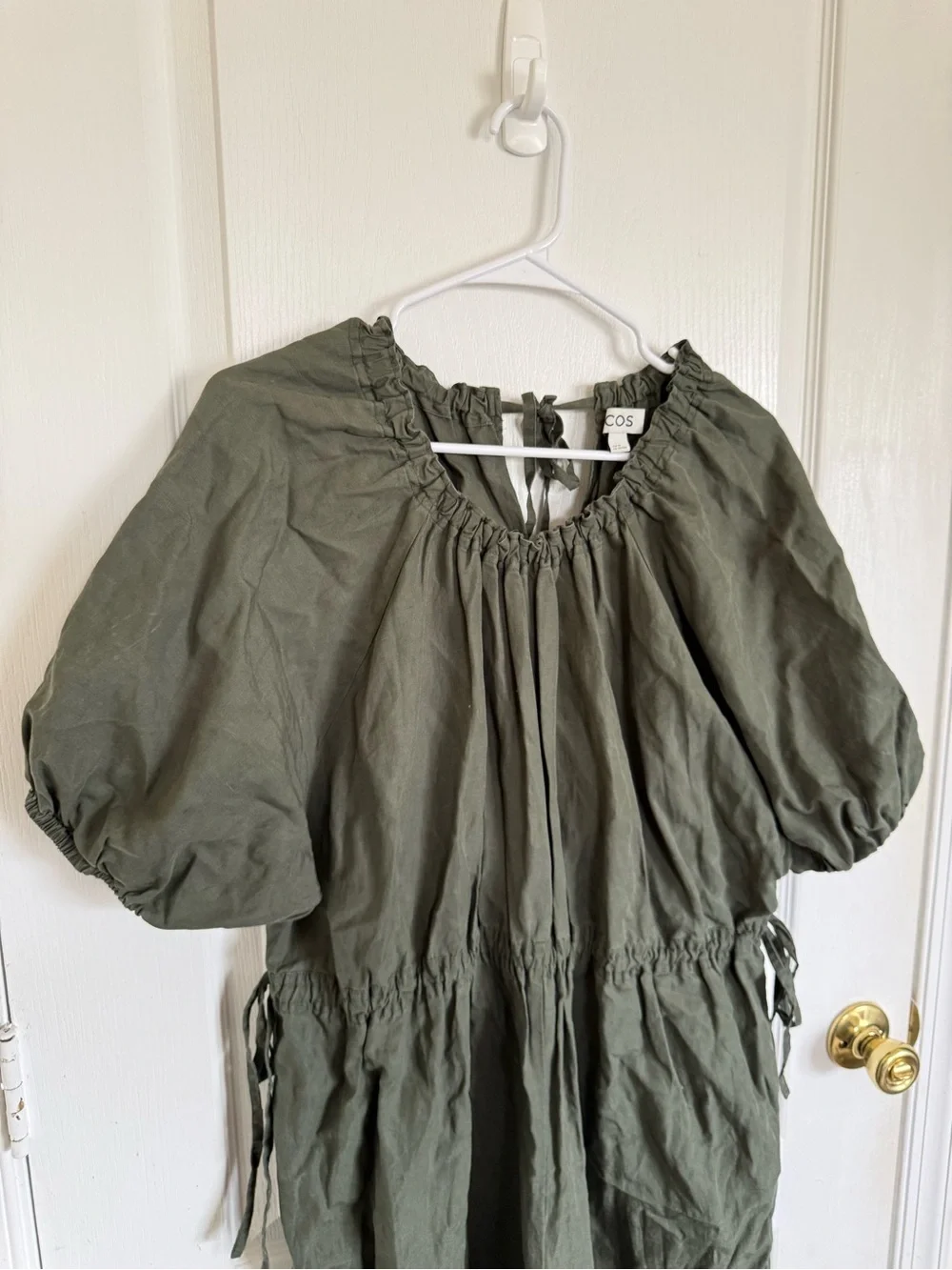 COS Puff Sleeve Olive Green Wide-Leg Jumpsuit